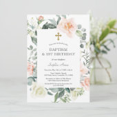 赤面ホワイトフラワーズ金ゴールドガール1st誕生日バプテスマ 招待状 (スタンド正面)