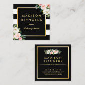 赤面ホワイトフローラ金ゴールドフレーム白黒ストライプ スクエア名刺 (正面/裏面)