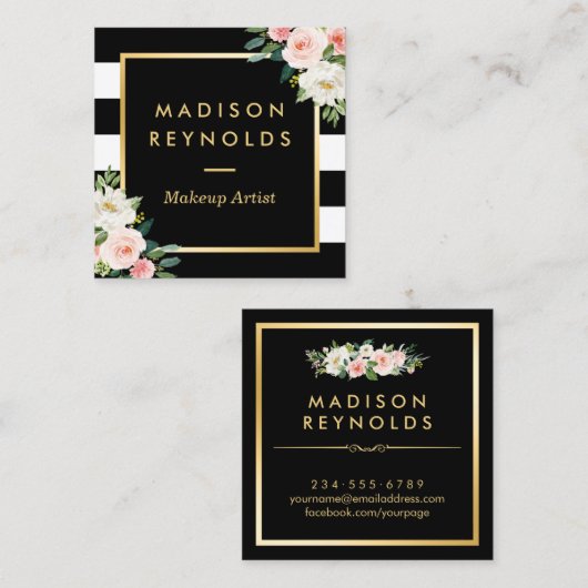 赤面ホワイトフローラ金ゴールドフレーム白黒ストライプ スクエア名刺 (正面/裏面)