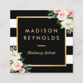 赤面ホワイトフローラ金ゴールドフレーム白黒ストライプ スクエア名刺 (正面)