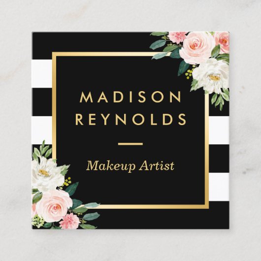 赤面ホワイトフローラ金ゴールドフレーム白黒ストライプ スクエア名刺 (正面)