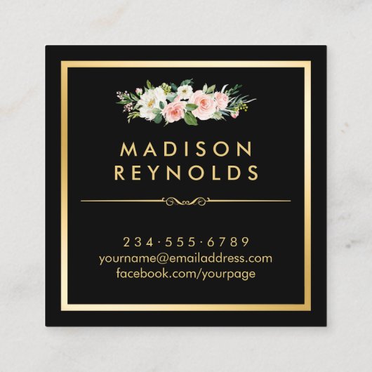 赤面ホワイトフローラ金ゴールドフレーム白黒ストライプ スクエア名刺 (裏面)