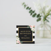 赤面ホワイトフローラ金ゴールドフレーム白黒ストライプ スクエア名刺 (スタンド正面)