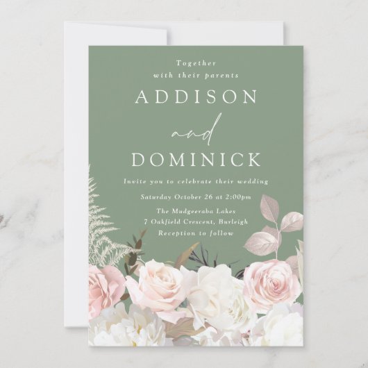 赤面ホワイトボタニカルバラセージグリーン結婚ズ 招待状 (正面)