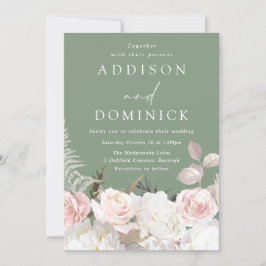赤面ホワイトボタニカルバラセージグリーン結婚ズ 招待状