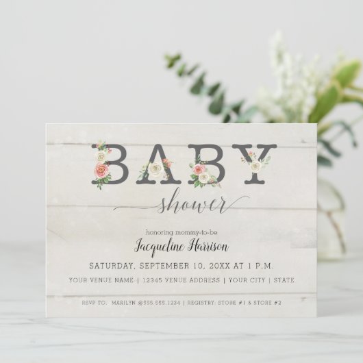 赤面ホワイト花模様 | 女の子の赤ちゃんシャワー 招待状 (スタンド正面)