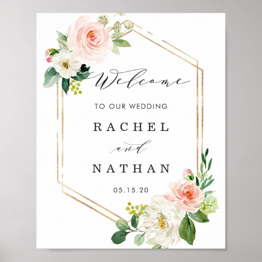 赤面ホワイト金ゴールドフレーム結婚フローラのウェルカムサイン ポスター (正面)
