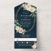 赤面ホワイト開花ネイビーブルー金ゴールドオーバル結婚ズ オールインワン招待状 (内側)