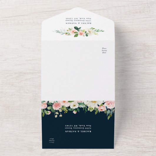 赤面ホワイト開花ネイビーブルー金ゴールドフレーム結婚ズ オールインワン招待状 (外側)