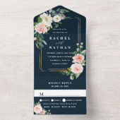 赤面ホワイト開花ネイビーブルー金ゴールドフレーム結婚ズ オールインワン招待状 (内側)