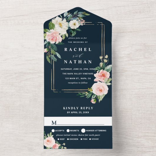 赤面ホワイト開花ネイビーブルー金ゴールドフレーム結婚ズ オールインワン招待状 (内側)