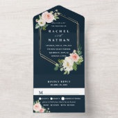 赤面ホワイト開花ネイビーブルー金ゴールド六角形結婚ズ オールインワン招待状 (内側)