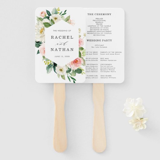 赤面ホワイト開花フローラ結婚式 プログラム ハンドファン (正面&裏面)