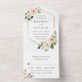 赤面ホワイト開花六角金ゴールドフレーム結婚ズ オールインワン招待状 (内側)