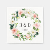 赤面ホワイト開花水彩色フローラ結婚リース スタンダードカクテルナプキン (正面)
