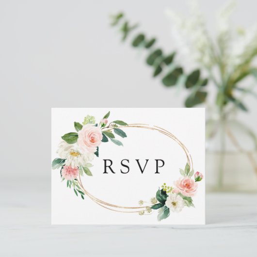 赤面ホワイト開花金ゴールドフレームフローラウェディングRSVP インビテーションポストカード (スタンド正面)