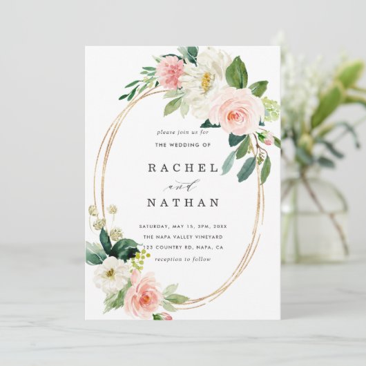 赤面ホワイト開花金ゴールドフレーム結婚式招待状 招待状 (スタンド正面)