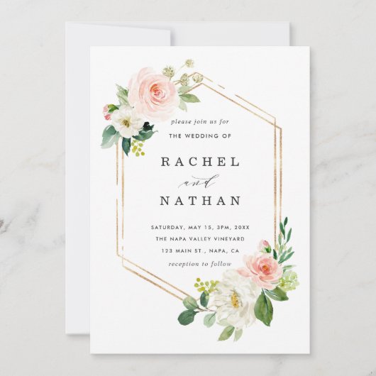 赤面ホワイト開花金ゴールドフレーム結婚式招待状 招待状 (正面)