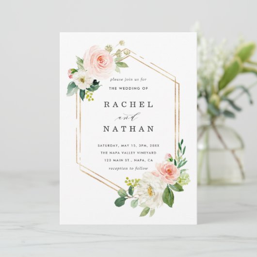 赤面ホワイト開花金ゴールドフレーム結婚式招待状 招待状 (スタンド正面)