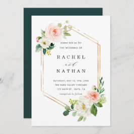 赤面ホワイト開花金ゴールドフレーム結婚式招待状 招待状