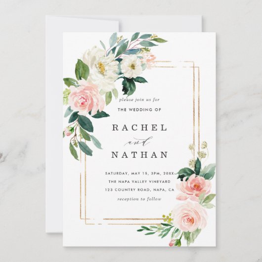 赤面ホワイト開花金ゴールドフレーム結婚式招待状 招待状 (正面)