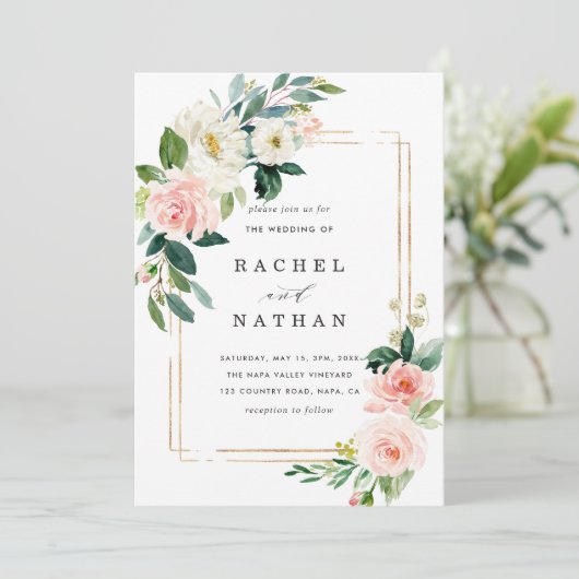 赤面ホワイト開花金ゴールドフレーム結婚式招待状 招待状 (スタンド正面)