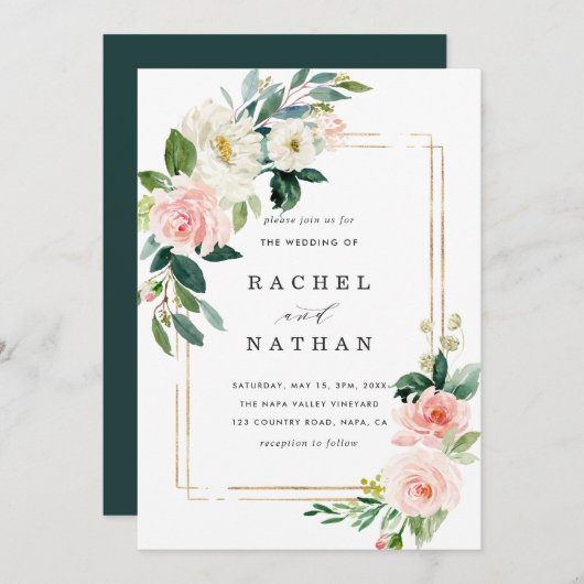 赤面ホワイト開花金ゴールドフレーム結婚式招待状 招待状 (正面/裏面)