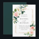 赤面ホワイト開花金ゴールドフレーム結婚式招待状 招待状<br><div class="desc">赤面開花結婚式招待状絵を描は、金ゴールドフレームを持つ赤面ピンク、白、緑の葉の水色の花を特徴とする。このデザインの高度なカスタマイズについてクリックは、「カスタマイズ」ボタンをクリック。一致するアイテムも利用可能である。</div>