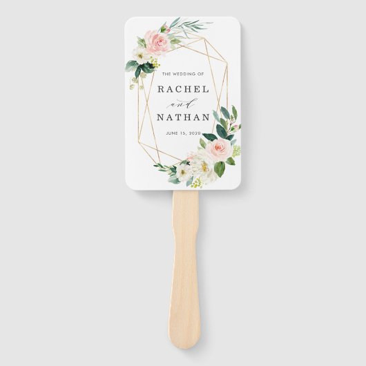 赤面ホワイト開花金ゴールドフレーム結婚式 プログラム ハンドファン (正面)