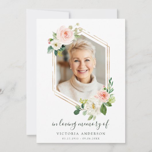 赤面ホワイト開花金ゴールド六角の葬儀 サンキューカード (正面)