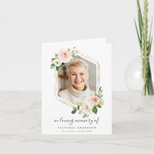 赤面ホワイト開花金ゴールド六角の葬儀 サンキューカード (正面)