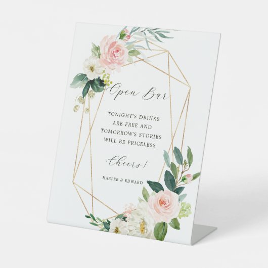 赤面ホワイト開花金ゴールド幾何学枠オープンバー 台座サイン (正面)