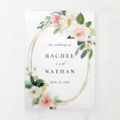 赤面ホワイト開花金ゴールド楕円フレ結婚ーム 三つ折り招待状 (カバー)