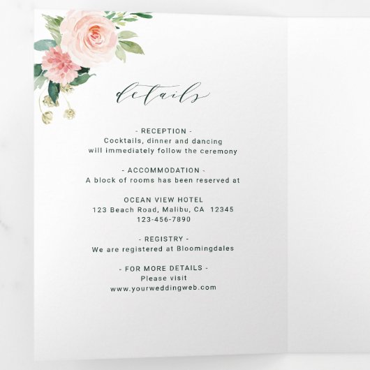 赤面ホワイト開花金ゴールド楕円フレ結婚ーム 三つ折り招待状 (内部最初)