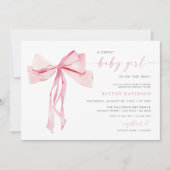 赤面ボウベビーシャワー招待状ガールピンクリボン 招待状 (正面)