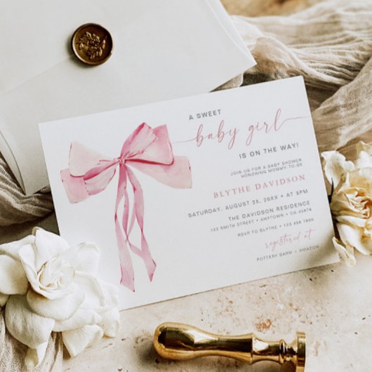 赤面ボウベビーシャワー招待状ガールピンクリボン 招待状