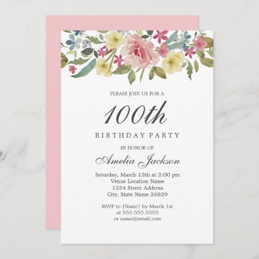 赤面ボタニカルウォーター色100thバースデーパーティー 招待状 (正面/裏面)