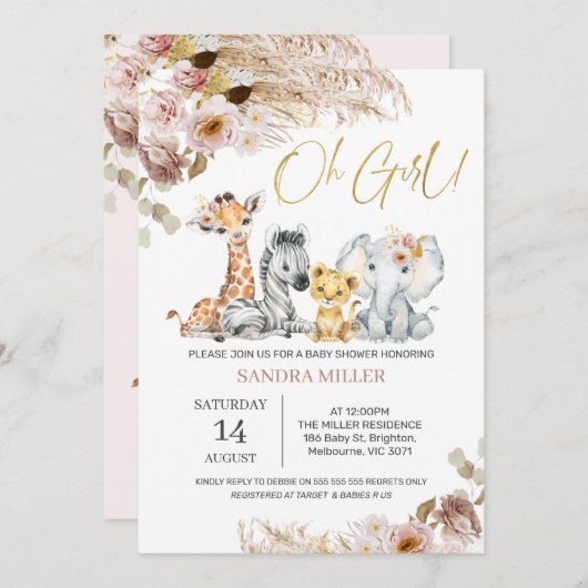 赤面ボホフローラオガールサファリベイビーシャワー 招待状 (正面/裏面)