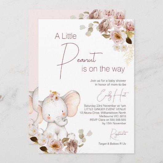 赤面ボホフローラピーナッツエレファントベビージャーシャワー 招待状 (正面/裏面)