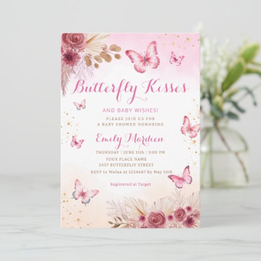 赤面ボホフローラ蝶キス赤ちゃんシャワー 招待状 (スタンド正面)