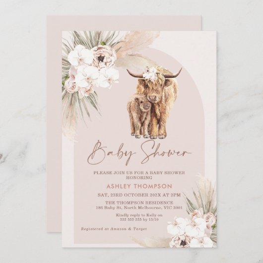 赤面ボホーフローラアーチハイランドカウベイビーシャワー 招待状 (正面/裏面)
