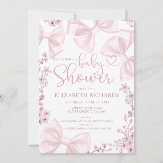 赤面ボーエレガントテーマガールベビーシャワー 招待状 (正面)