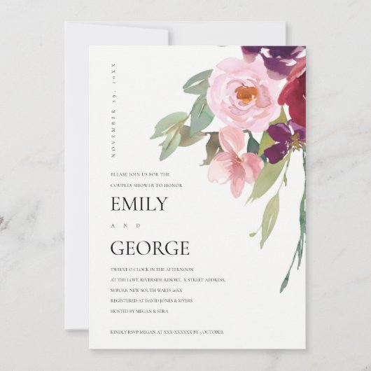 赤面マルサラピンクのローズフローラカップルのシャワーカード サンキューカード (正面)