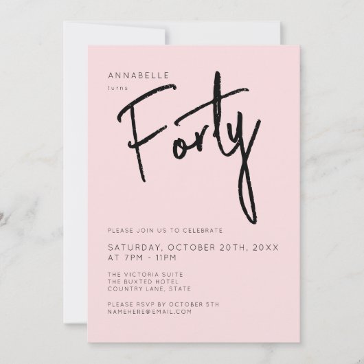 赤面ミニマルピンク40th40th誕生日 招待状 (正面)