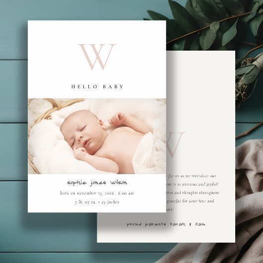 赤面ミニマルモノグラム写真誕生のお知らせ サンキューカード