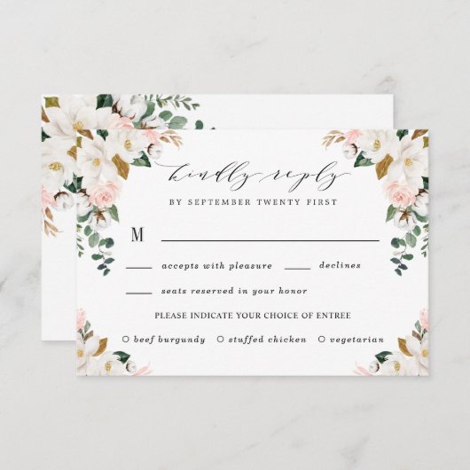 赤面ミール選択金ゴールドとホワイトマグノリア結婚ズ 出欠カード (正面/裏面)