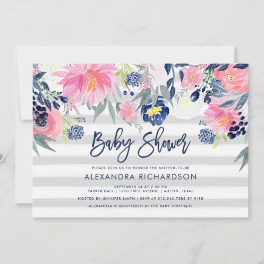 赤面モダンと海軍のフローラ·ベビー·シャワー 招待状 (正面)