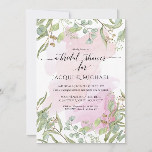 赤面モダンウーターカラーユーカリプトゥスグリーンブライダル 招待状 (正面)