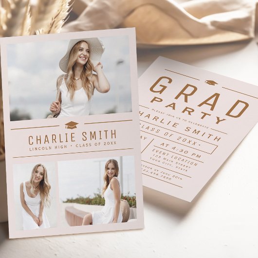 赤面モダンタイポグラフィ3写真卒業パーティー 招待状