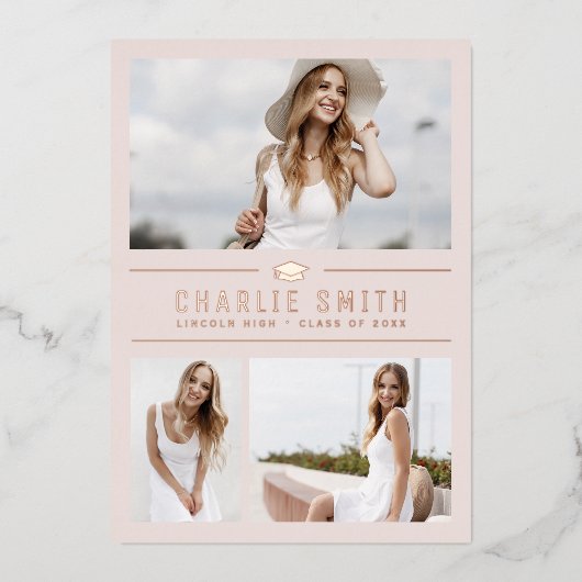 赤面モダンタイポグラフィ3写真卒業パーティー 箔招待状 (正面)